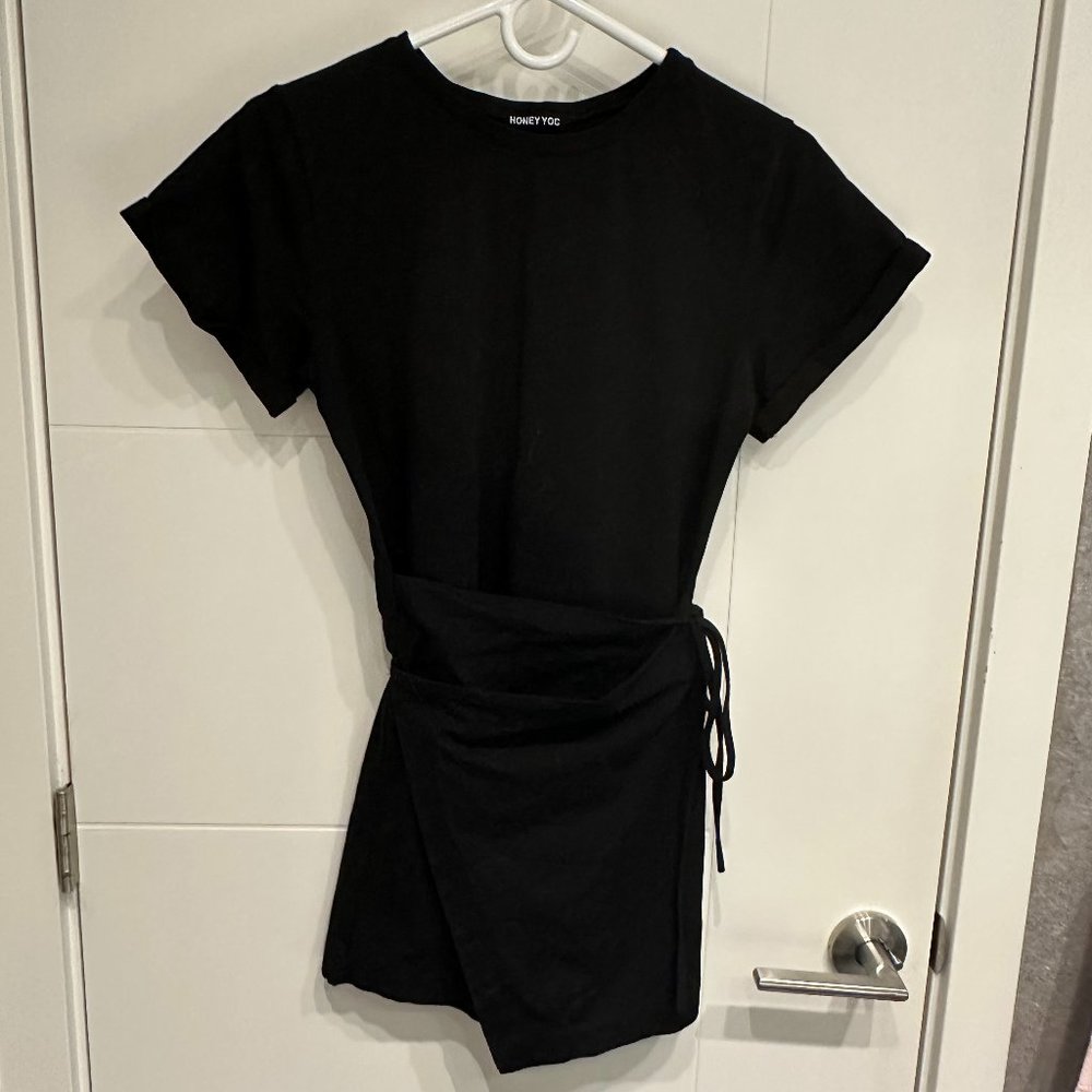Black Wrap-Around Tie Waist T-Shirt Mini Dress